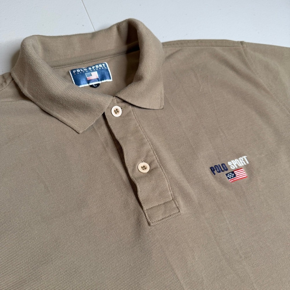 Polo Sport Ralph‎ Lauren Mens Large Tan Khaki Short Sleeve Polo Shirt Flag Logo